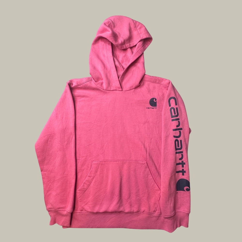 Carhartt Hoodie Girls L 12 TS9897-G Pink Logo Sleeve Graphic Pullover Wear